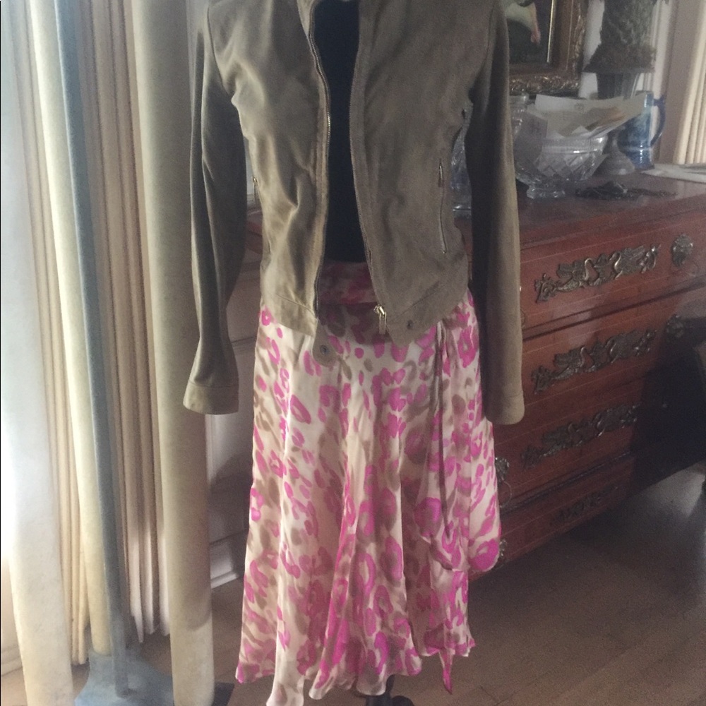 Milly pink leopard print silk skirt